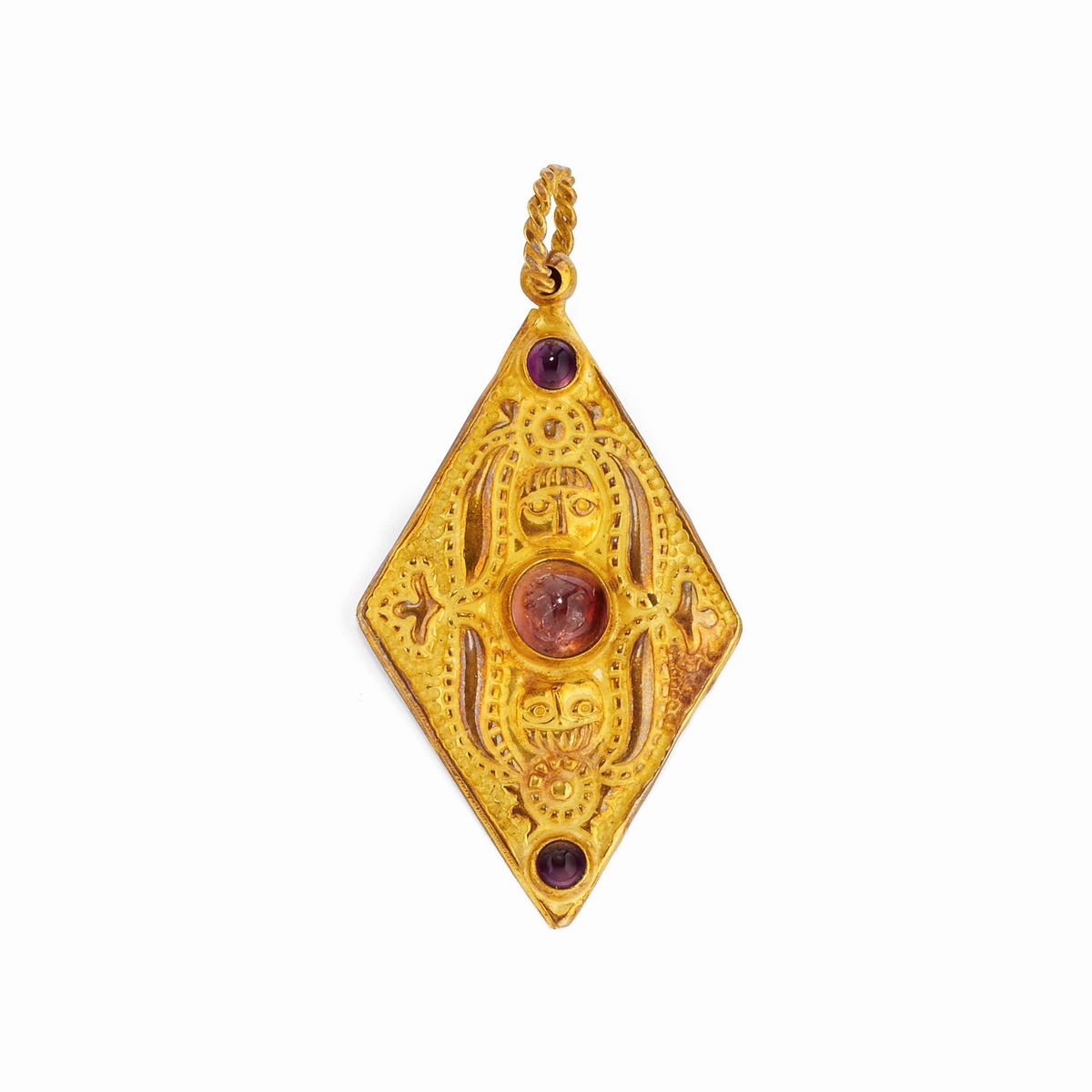 Tre pendenti in oro giallo 18k con pietre dure