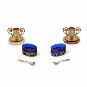 Two vermeil silver candle holders and salt and pepper set