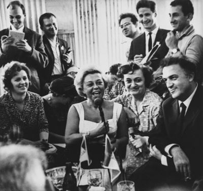 Julietta Masina And Federico Fellini At Press Conference in Moscow