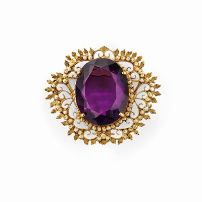 Spilla in oro giallo 18K con ametista e perline