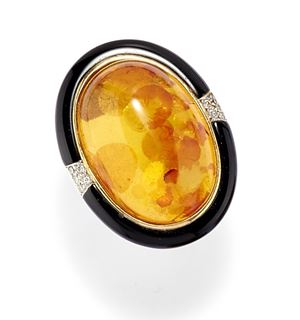 Anello in oro 18k, ambra, onice e diamanti