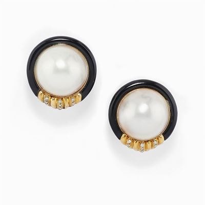 Orecchini in Oro 18k, Onice, Perle Coltivate e Diamanti