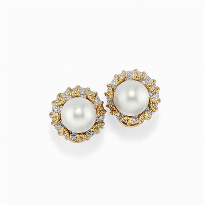 Orecchini in Oro, Bicolore 18k, Perle Coltivate e Diamanti