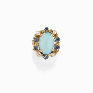 Anello in oro giallo 14k e turchese, 1970 circa