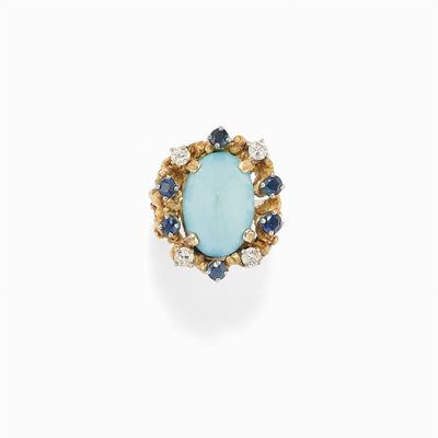 Anello in Oro Giallo 14k e Turchese, 1970 Circa
