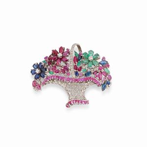 A platinum, diamond and colored gemstone pendant-brooch