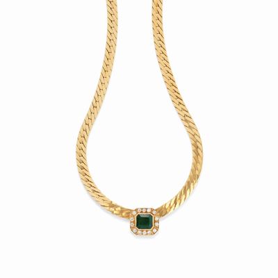 Collana in oro giallo 18K con smeraldo sintetico e diamanti