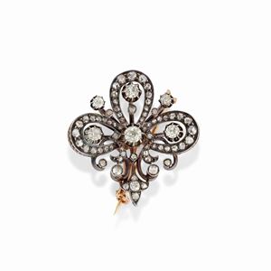 Pendente-spilla in argento, oro giallo 18k e diamanti, XIX secolo