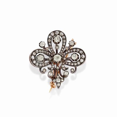 Pendente-spilla in argento e oro giallo 18k con diamanti, XIX secolo