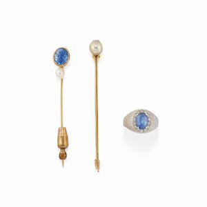 A 18K white and yellow gold, pearl, sapphire and diamond two brooches and ring, with box