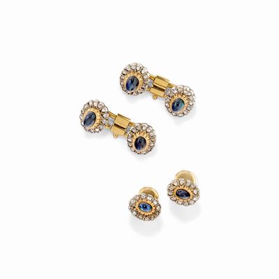Set da sparato in oro giallo 18K, argento, diamanti e zaffiri, inizi XX secolo