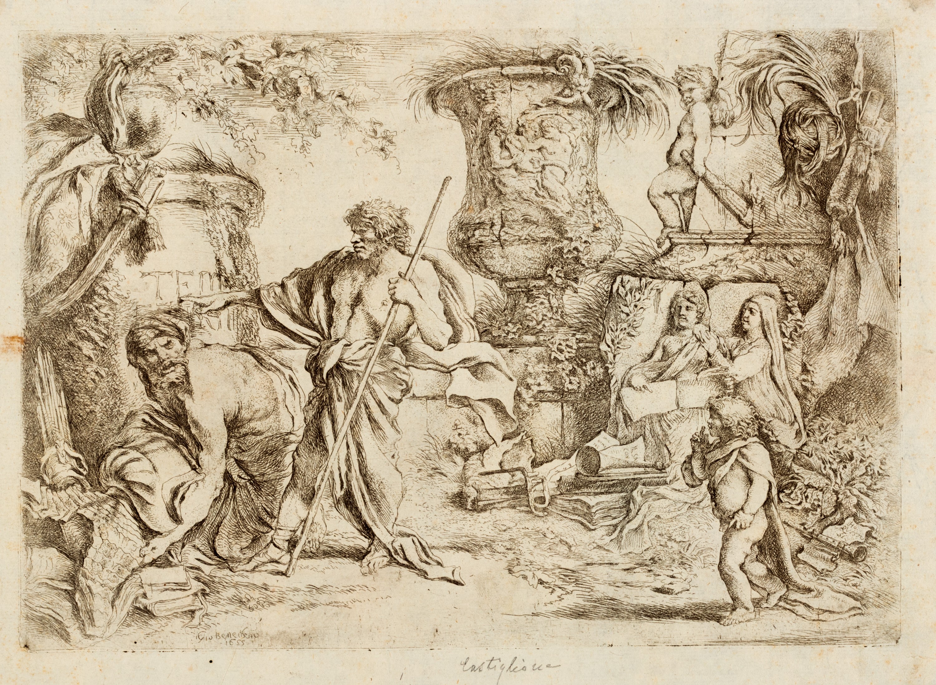 Castiglione Giovanni Benedetto - La fuga di Egitto, incisione su rame