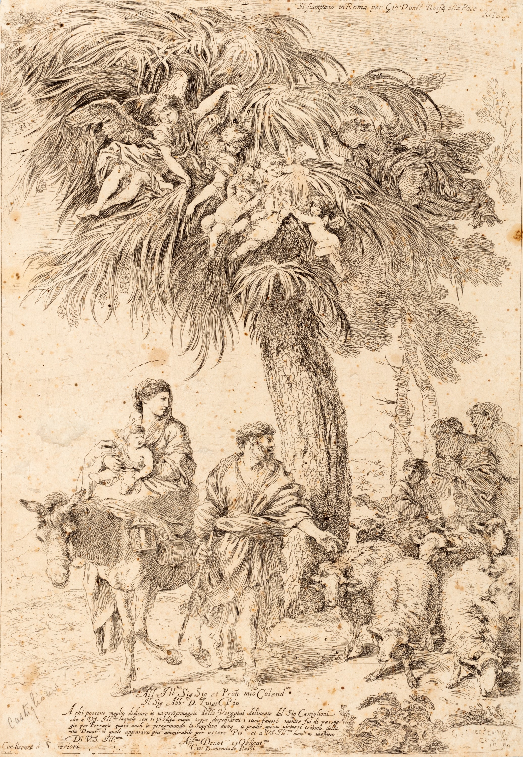 Castiglione Giovanni Benedetto - La fuga di Egitto, incisione su rame