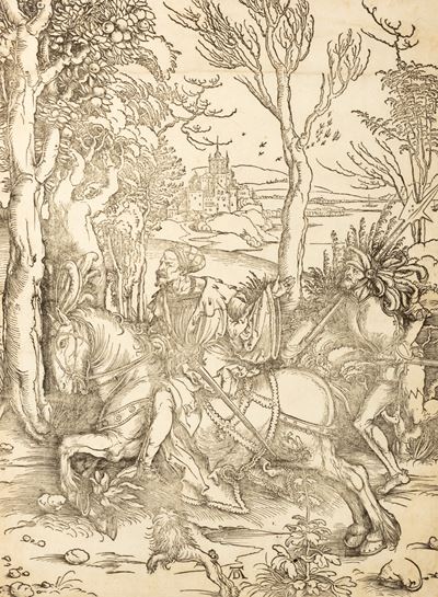 Dürer, Cavaliere a cavallo e lanzichenecco, xilografia