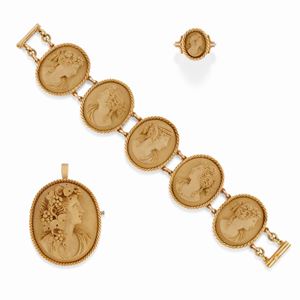A 18K yellow gold cameo bracelet, pendant-brooch and ring