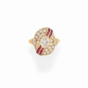 A 18K yellow gold, ruby and diamond ring