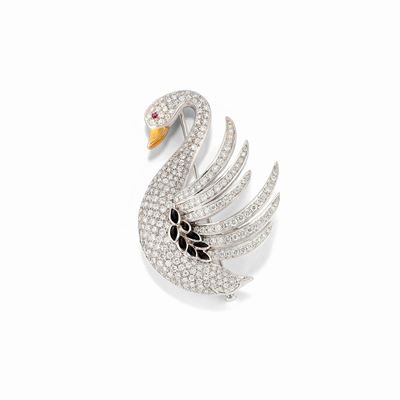 Spilla in Oro Bicolore 18k con Diamanti, Onice e Rubino