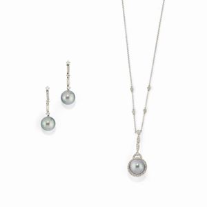 A 18K white gold, diamond and Tahiti cultured pearl necklace and earrings