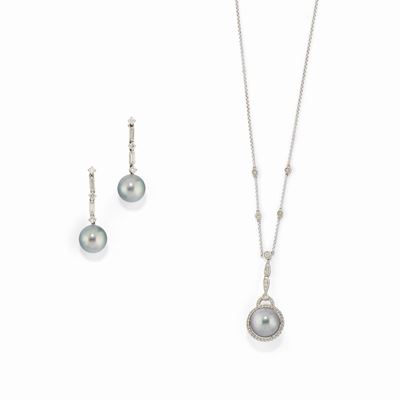 Demi-parure in oro bianco 18K con diamanti e perle coltivate di Tahiti