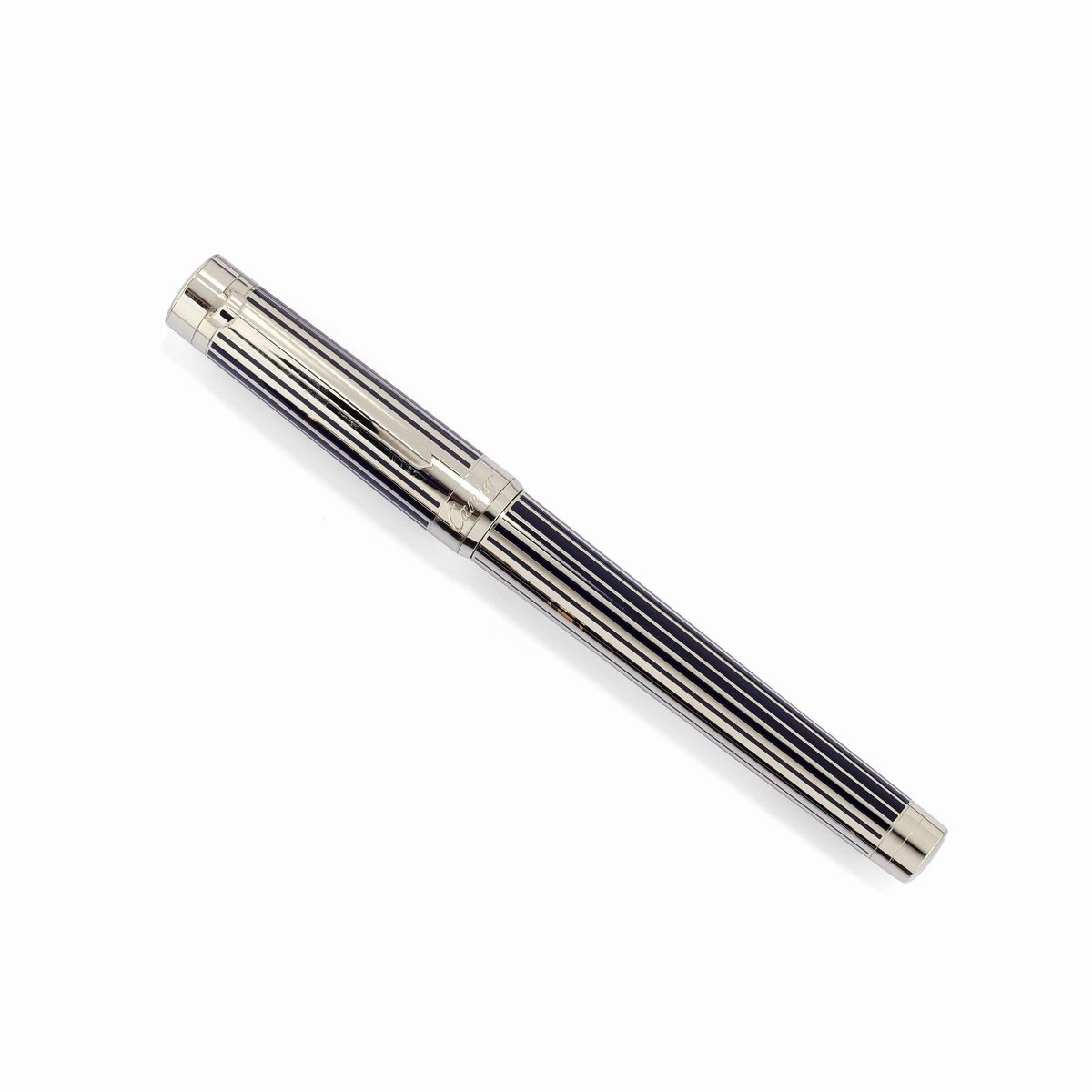 Cartier - Penna placcata in platino con smalto blu e corpo scanalato
