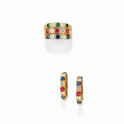 Parure Demi in oro giallo 18K con diamanti, rubini, zaffiri e smeraldi