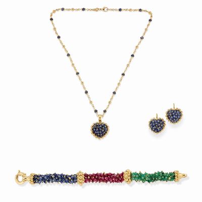 Parure in oro giallo 18K con zaffiri, rubini e smeraldi