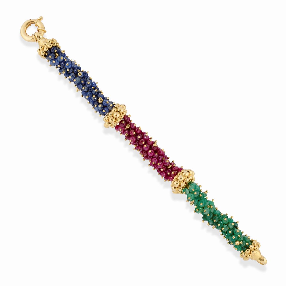 Parure in oro giallo 18K con zaffiri, rubini e smeraldi