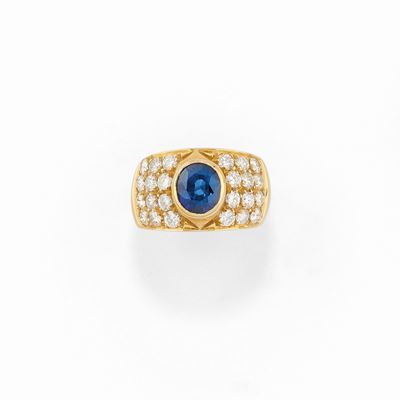 Anello, oro giallo 18K con zaffiro sintetico e diamanti