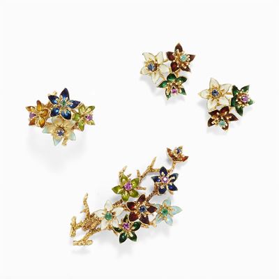 Parure in Oro 18k, Smalti e Pietre di Colore, Italia 1960 Circa