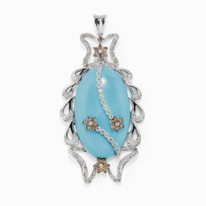 Pendente in oro bianco 18k, pasta di turchese e diamanti