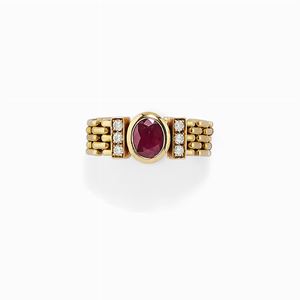 Anello in oro 18k, rubino e diamanti