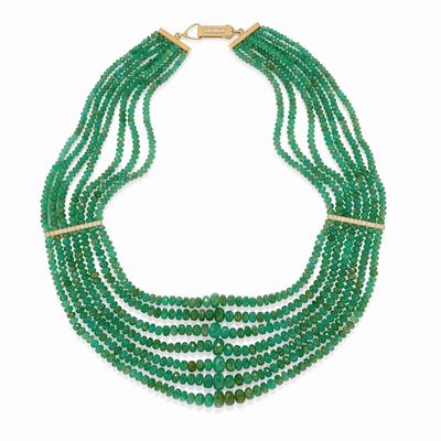 Collana in smeraldi taglio briolette, oro giallo 18K e diamanti