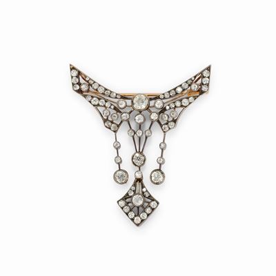 Spilla-pendente in oro giallo 18K e argento con diamanti, inizi XX secolo