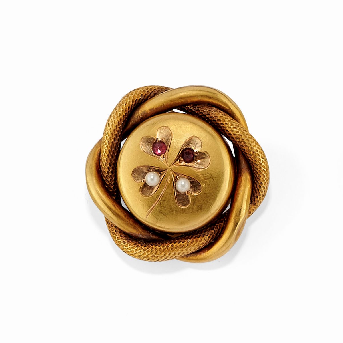 Set di tre spille e un paio di orecchini, oro giallo 18K, argento, diamanti e rubini