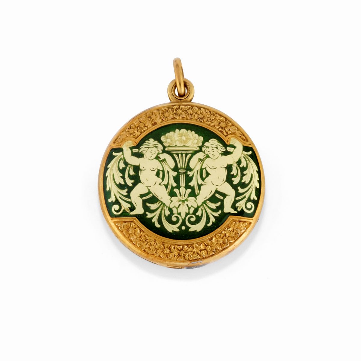 Tre collane e un pendente, oro giallo 18K, smalti e gemme
