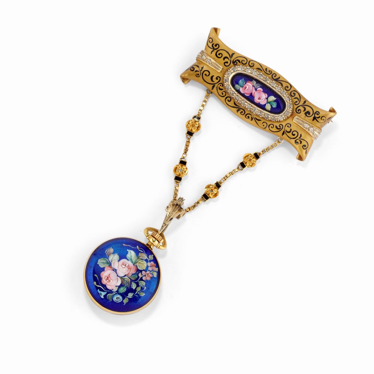 Lorgnette in oro giallo 18K, ditale in oro rosso 9K e monachina con smalti e diamanti