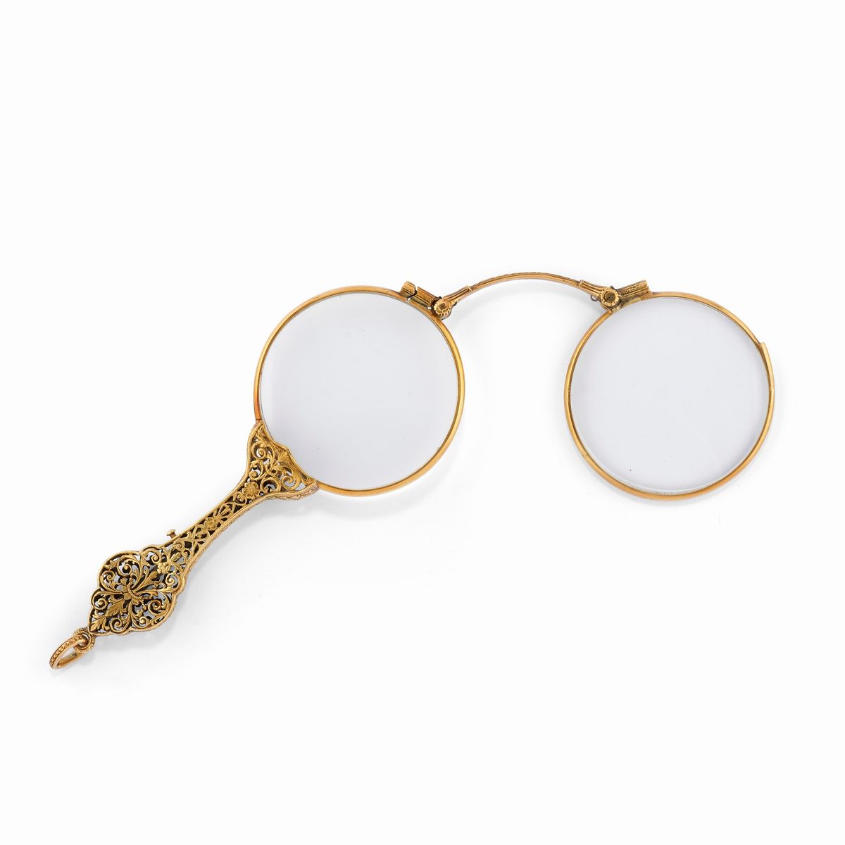 Lorgnette in oro giallo 18K, ditale in oro rosso 9K e monachina con smalti e diamanti