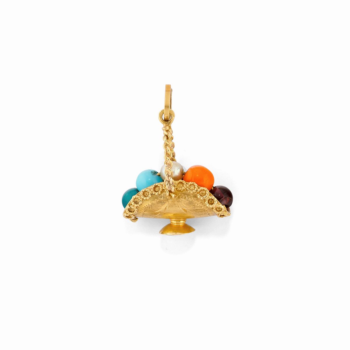 Set di quattro spille e tre pendenti in oro giallo 18K con perle, pietre colorate, diamanti e sma...