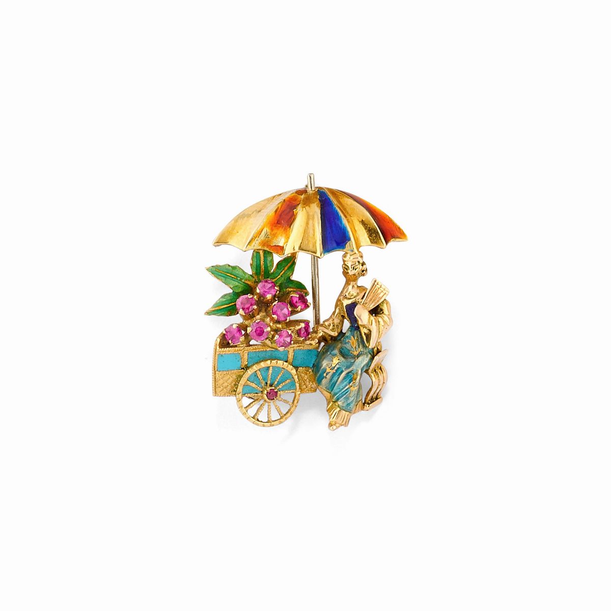 Set di quattro spille e tre pendenti in oro giallo 18K con perle, pietre colorate, diamanti e sma...