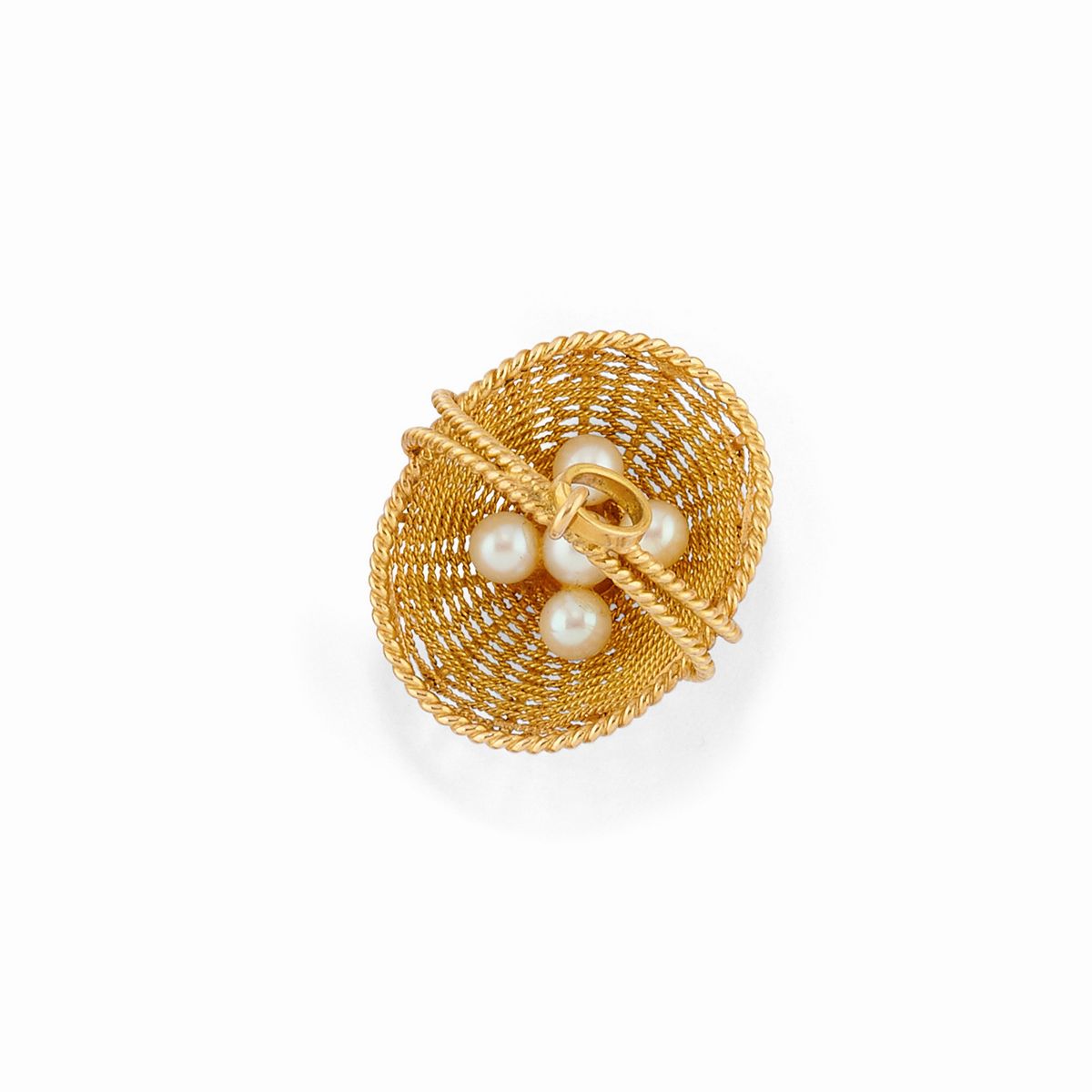 Set di quattro spille e tre pendenti in oro giallo 18K con perle, pietre colorate, diamanti e sma...