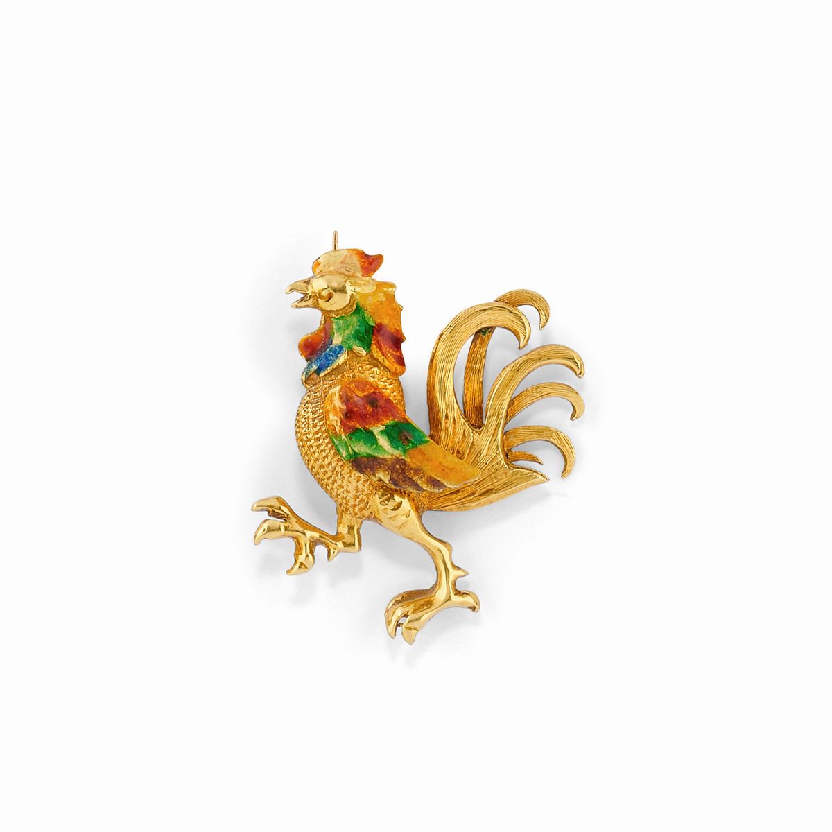Set di quattro spille e tre pendenti in oro giallo 18K con perle, pietre colorate, diamanti e sma...