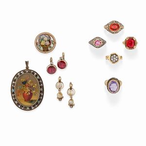 A gold, silver, enamel, pearl and synthetic gemstones rings, earrings, pendant and brooch