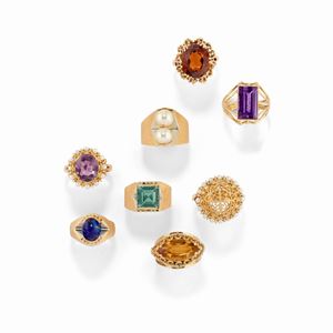 Eight 18K yellow gold, colored stone and pearl rings
