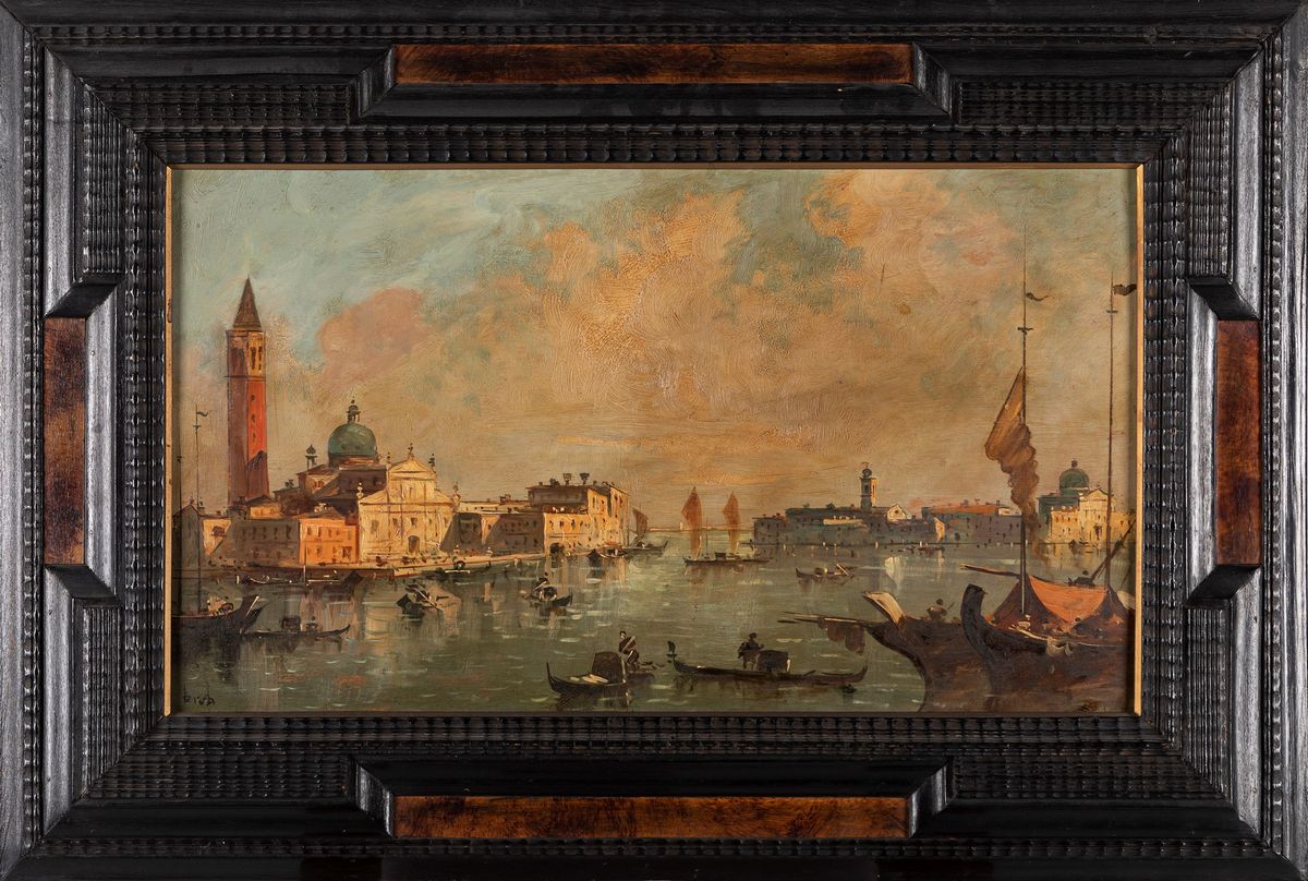 G. Riva (scuola Italiana del XX Secolo) - Venezia, San Giorgio Maggiore e la Giudecca