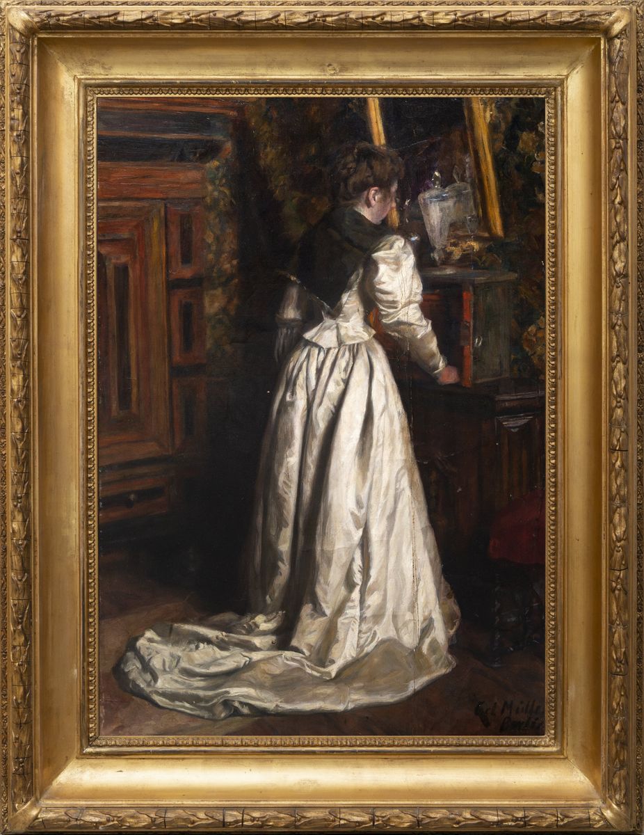 Carl Müller - Giovane Donna in Interno in Abito Bianco
