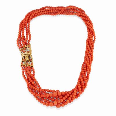 Collana in oro giallo 18k e corallo rosso-arancio, mm 5-10