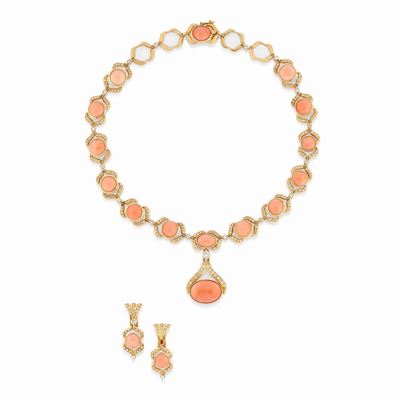 Demi-parure in oro giallo 18K con corallo e diamanti