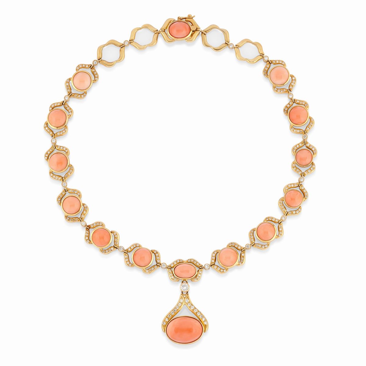 Demi-parure in oro giallo 18K con corallo e diamanti