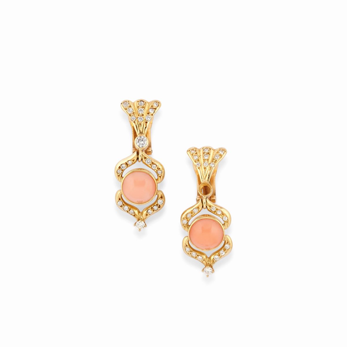 Demi-parure in oro giallo 18K con corallo e diamanti