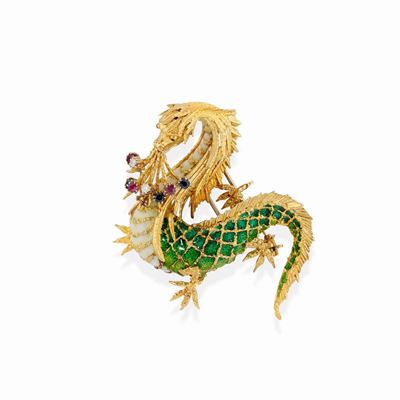 Spilla in oro giallo 18K con smalto, diamanti e pietre colorate, raffigurante dragone